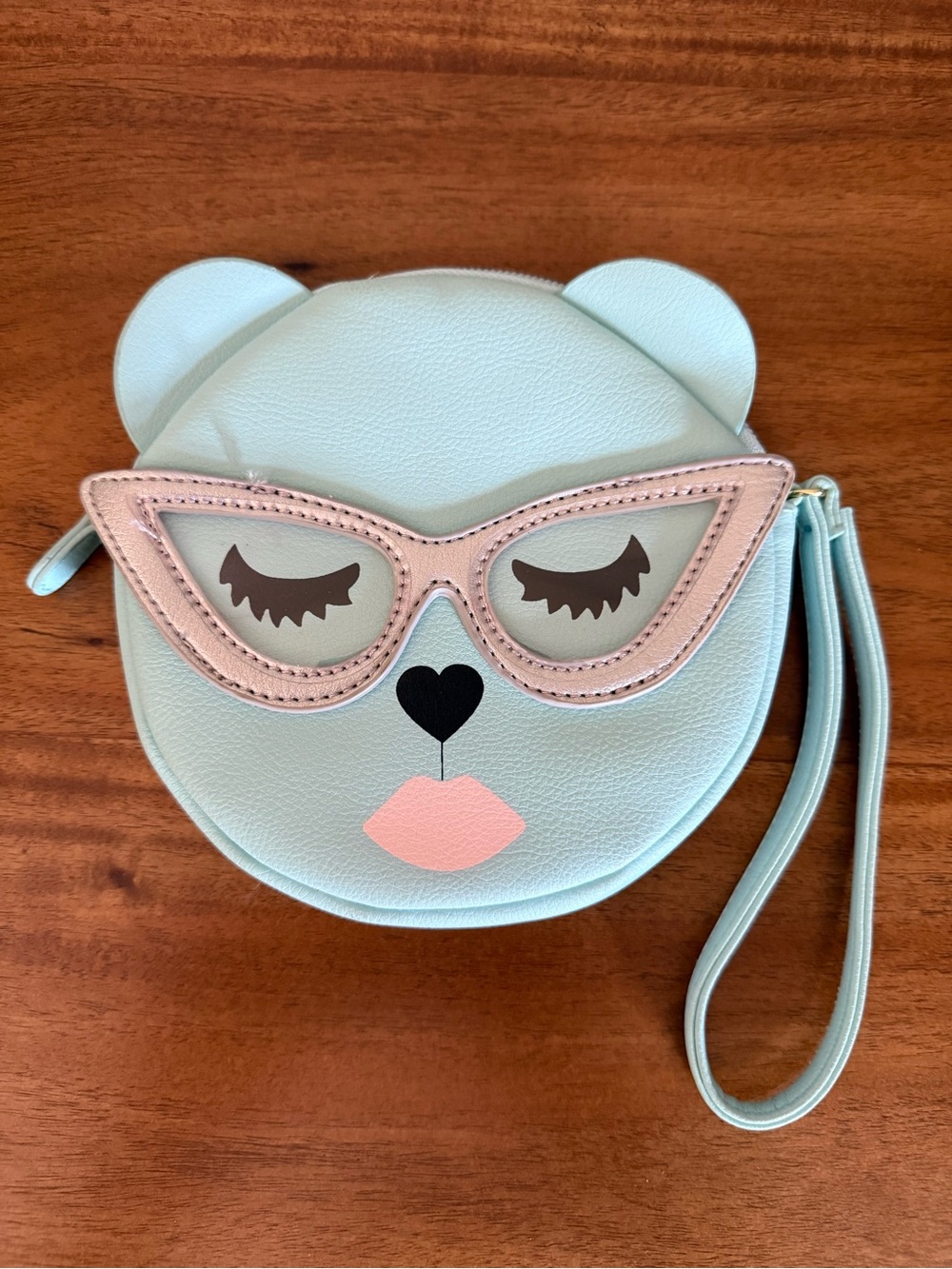 Luv Betsey Johnson Mint Ice Blue Sleepy Bear Cat Eye Glasses Wristlet Coin Purse